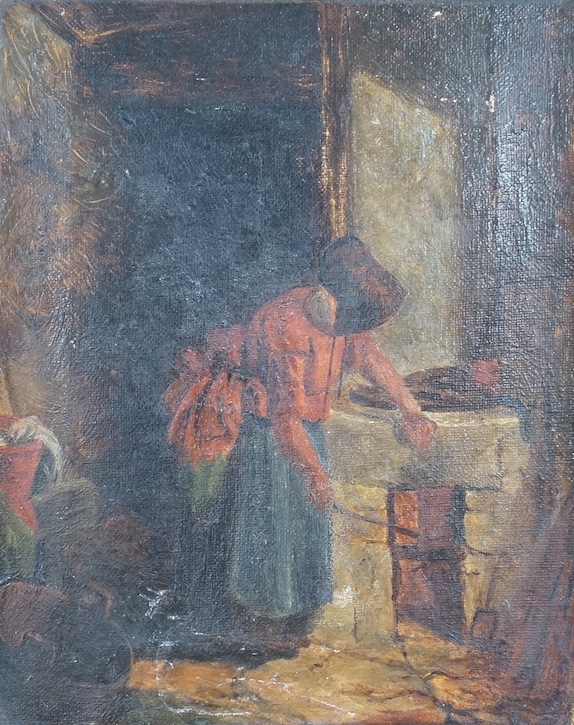 After David Hardy (fl.1855-1870), oil on canvas, Cottage interior, unsigned, inscribed in ink verso, 19 x 15cm. Condition - good